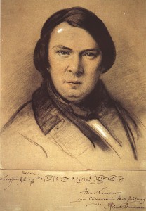 Schumann, Robert in einer vom 14. bis 16. 10. 1853 entstandenen Zeichnung von Laurens mit einer Widmung Schumanns an den Zeichner mit den Anfangstakten aus dem 3. Satz von Schumanns Trio d-Moll, op. 63".