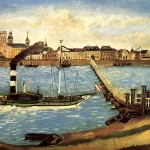 1854 - Pontonbrücke von der sich Robert Schumann am 27. 2. 1854 (Rosenmontag) in den Rhein stürzte. Ölgemälde der Schiffsbrücke von dem Düsseldorfer Maler Evers