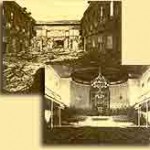 Collage mit dem zerstörtenKaisersaal aus dem Jahre 1943und dem zu Weihnachten festlichgeschmücktem Saal etwa um 1900.