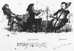 1850 - Julius Tausch, Wilhelm Joseph von Wasielewski (Wisnewsky) und Christian Reimers in einer Karikatur von Reimers. Diese drei Musiker waren ein in Düsseldorf tätiges Klaviertrio und sehr enge Freunde von Robert Schumann.