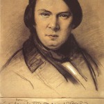Robert Schumann in einer vom 14. bis 16. 10. 1853 entstandenen Zeichnung von Laurens mit einer Widmung Schumanns an den Zeichner mit den Anfangstakten aus dem 3. Satz von Schumanns Trio d-Moll, op. 63". 