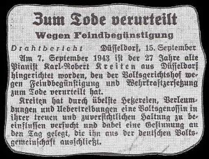 1943 Abdruck des Zeitungsausschnittes mit der Hinrichtungsmeldung über den Düsseldorfer Pianisten Karl-Robert Kreiten vom 15.9.1943.