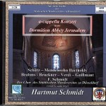 a-cappella Konzert in der Dormition Abbey, Jerusalem Schütz  Mendelssohn Bartholdy  Brahms  Bruckner  Verdi - Guillmant - F.Schmidt U. Leykam, Orgel Der Chor des Städtischen Musikvereins zu Düsseldorf Hartmut Schmidt Aufnahme: Israel Broadcasting Authority (IBA), Radio Jerusalem, 28.12.1987, Dormition Abbey, Jerusalem; analoges AMPEX-Band 2-Spur stereo, 19 cm/sec. Analogschnitt: IBA; Digital-Remastering (24 Bit) + Layout: Rainer Großimlinghaus, Steinberg WaveLab 6.01; Kleinmachnow, 07/2007 © 1987/2007 by Städtischer Musikverein zu Düsseldorf e.V.