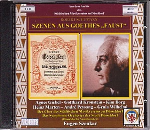 Schumann: Szenen aus Goethes Faust Giebel . Kronstein . Borg . Marten . Peysang . Göpelt . Wilhelmi . Kirschstein . Derix . Bien . Ingenhoven Der Chor des Städtischen Musikvereins zu Düsseldorf Düsseldorfer Symphoniker Eugen Szenkar Aufnahme: 24.01.1957, Robert-Schumann-Saal Düsseldorf, WDR (live), mono 38cm/sec.; Kopie auf 19 cm/sec., 2-Spur (1963), Umschnitt auf CD: Herbert Rommerskirchen, Mönchengladbach; Remastering, Mischung + Schnitt (Steinberg WaveLab 6.02, 24-Bit), Text + Layout: © 05.2010 Rainer Großimlinghaus, Kleinmachnow. © 1957/2010 by Städtischer Musikverein zu Düsseldorf e.V. / WDR