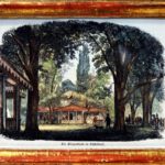 Der Beckersche Garten mit Pavillon und Eingang zum Saal. Kolorierter Holzstich 19. Jh. (Sammlung Alt-Düsseldorf der Familie Conzen)