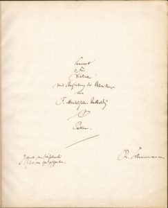 Titelblatt der Partitur von Mendelssohns Konzert für Violine und Orchester, geschrieben von Robert Schumann, der das Werk aus dieser Partitur in Düsseldorf 1850 dirigierte.