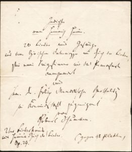 Robert Schumanns Titelblattentwurf zum "Liederkreis" nach Texten von Heinrich Heine von 1841, der Mendelssohn gewidmet werden sollte.