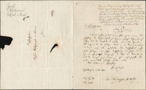 Felix Mendelssohn Bartholdy: Brief vom 12. Oktober 1834 an Oberbürgermeister von Fuchsius mit der Bitte, ihn von der Leitung der Kirchenmusik zu befreien, solange der Organist der Max-Kirche im Amt sei. Mit einer entsprechenden Anweisung des Oberbürgermeisters.