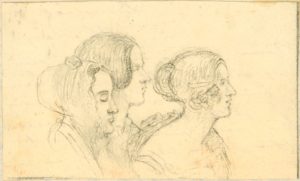 Drei Zuhörerinnen in einem Mendelssohnschen Konzert, Bleistiftskizze von Eduard Steinbrück, 1878