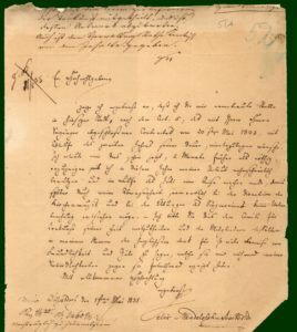 elix Mendelssohn Bartholdy: Brief vom 1. Mai 1835 an Oberbürgermeister von Fuchsius mit der Kündigung seiner Düsseldorfer Tätigkeit.