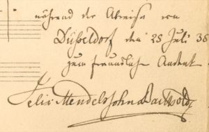 Widmung von Felix Mendelssohn Bartholdy zur Komposition "während des Abschieds von Düsseldorf den 25.7.1835 zum freundlichen Andenken Felix Mendelssohn Bartholdy".