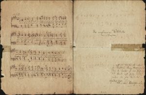 Felix Mendelssohn Bartholdy: "Drei vierstimmige Volkslieder" nach Heinrich Heine. Noten von Schreiberhand, Titelblatt und Widmung eigenhändig. Düsseldorf, 15. April 1834