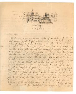Felix Mendelssohn Bartholdy: Brief vom 27. September 1833 an Friedrich Rosen mit Skizze der Jan-Wellem Reiterstatue auf dem Düsseldorfer Marktplatz
