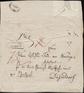 Briefkuvert Mendelssohns an Ferdinand von Woringen vom 28.4.1836 - Es handelte sich offenbar um eine Schnellpost vielleicht mit dem "Chor der Heiden" aus dem "Paulus".