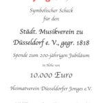 Die Düsseldorfer Jonges unterstützen den Städtischen Musikverein zu Düsseldorf mit einer großzügigen Spende zum 200. Jubiläum.