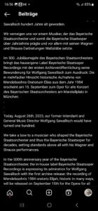 Screenshot 2 der Bayerischen Staatsoper auf Instagram zum 26.8.2023 -100 Jahre Wolfgang Sawallisch und zur Veröffentlichung des ELIAS mit dem Musikverein