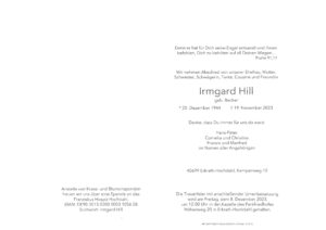 Traueranzeige Irmgard Hill